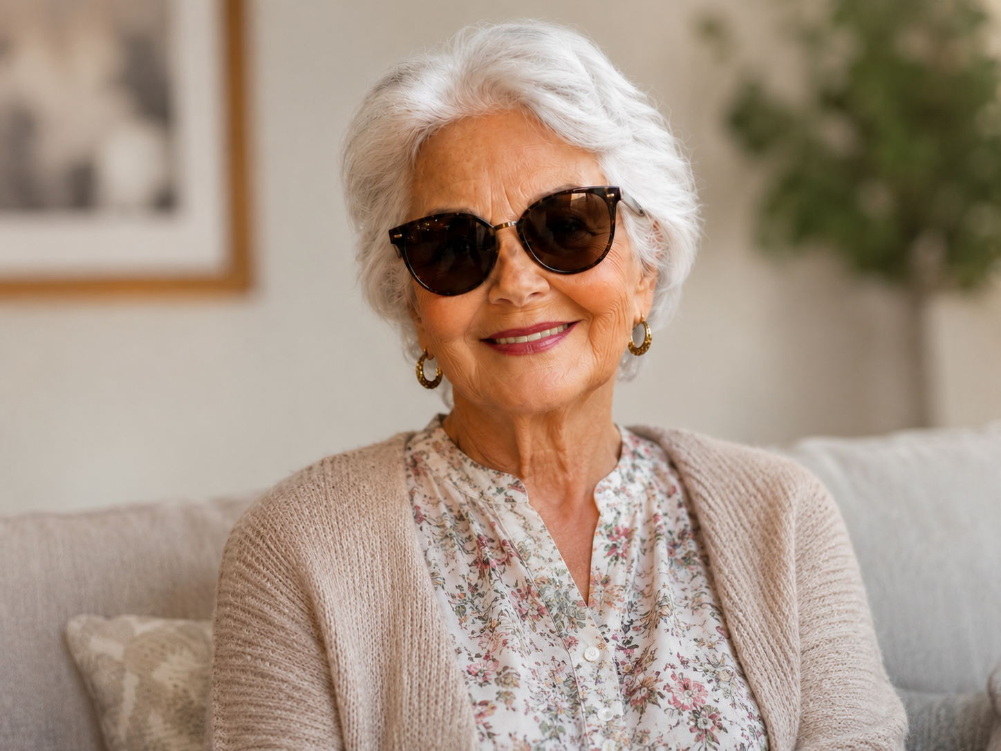 A grandmother smiling during a video call with her family